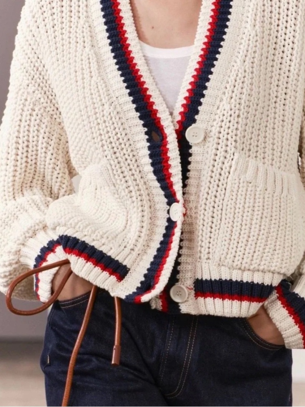 Zara Americana Chunky Knit Cream Cardigan Varsity Stripe Sweater - Picture 2 of 7